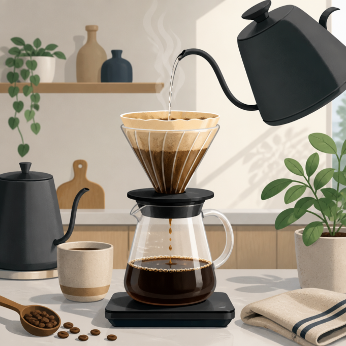 Editorial illustration for an article titled "Drip Coffee Made Simple: A Friendl