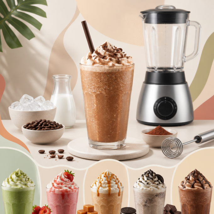 Editorial illustration for an article titled "Frappé Made Simple: Flavors, Tools