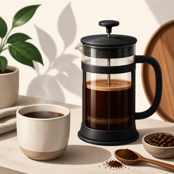 Editorial illustration for an article titled "French Press Coffee: A Simple Guid