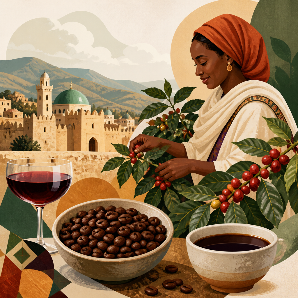 Editorial illustration for an article titled "Harar Coffee: A Friendly Guide to