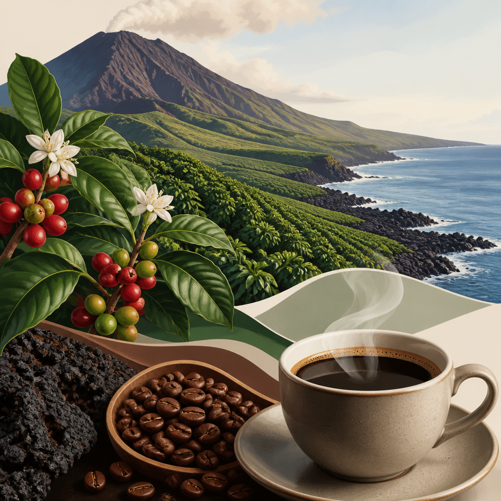 Editorial illustration for an article titled "Kona Coffee: From Volcanic Slopes