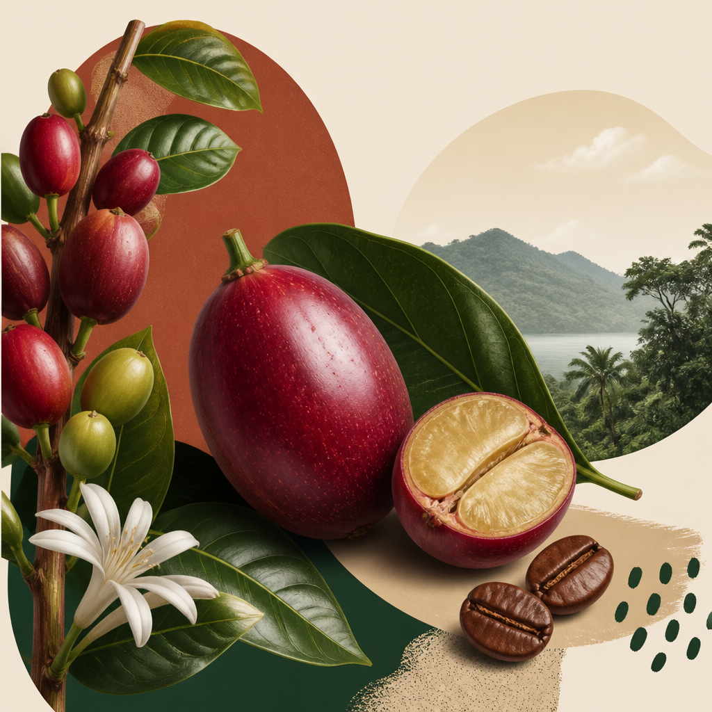 Editorial illustration for an article titled "Liberica Coffee: The Bold, Fruity